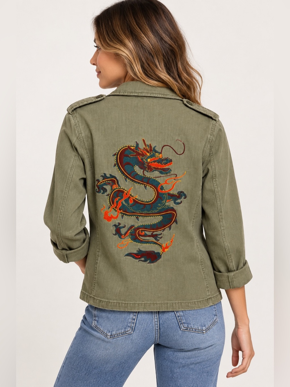 Honey Punch Olive Dragon Embroidered Utility Jacket XS Boho Military Y2K Streetw
